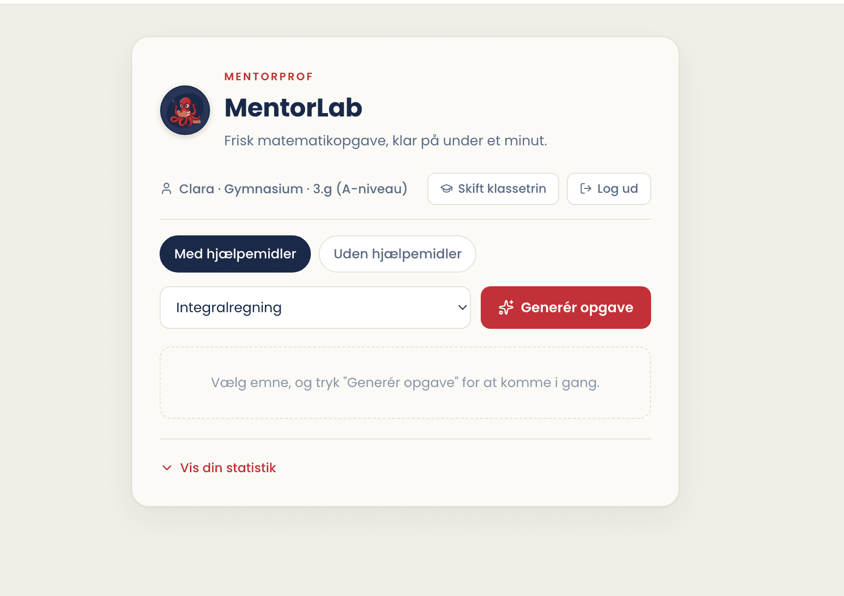 MentorLab i app.mentorprof: generér en matematikopgave med eller uden hjælpemidler